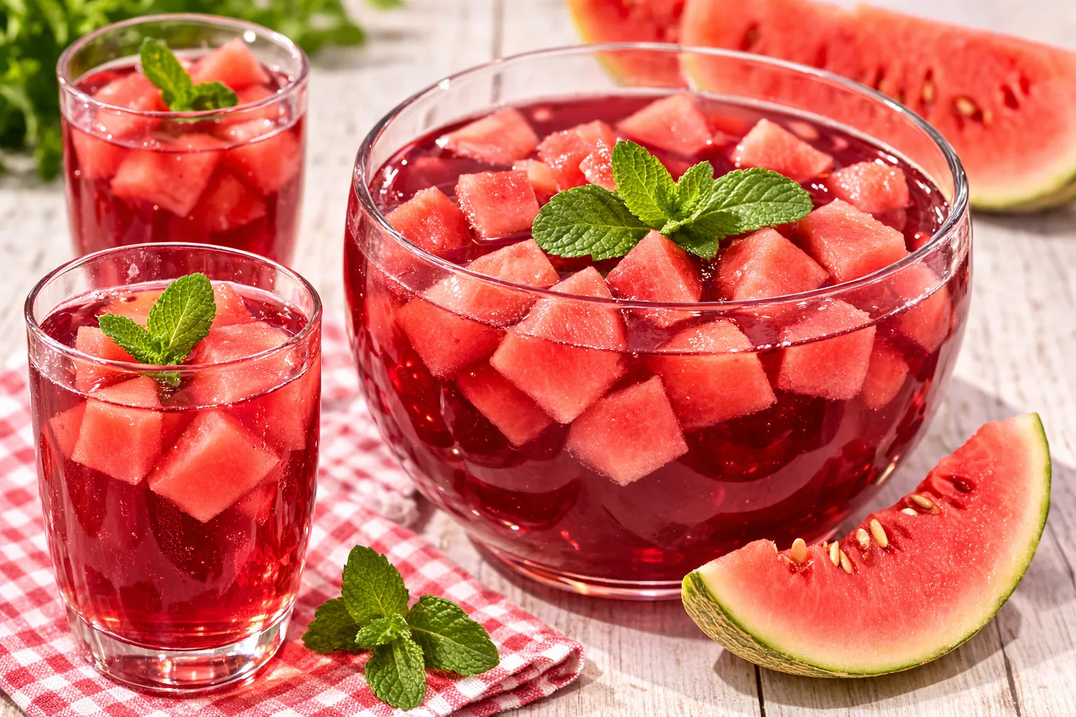 Rote Melonenbowle mit Melonenwürfeln in Glas auf hellem Holztisch