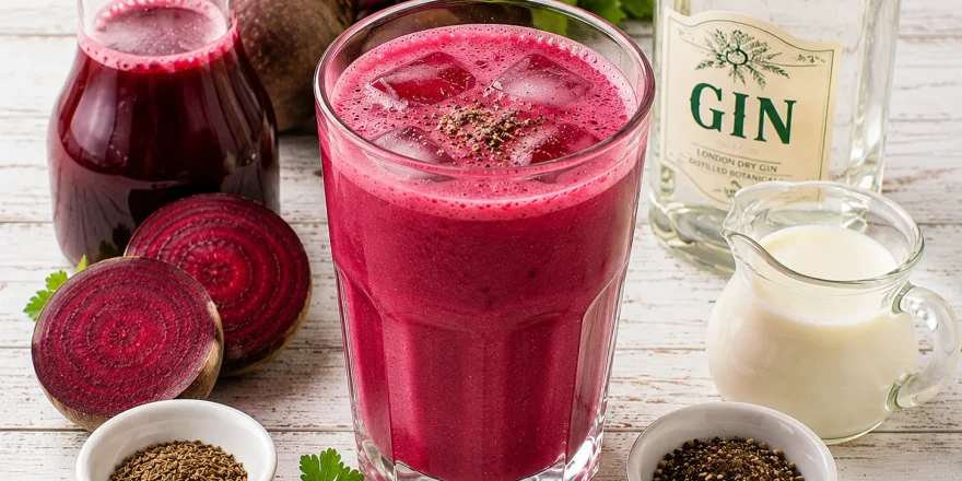 Cremiger Rote-Bete-Drink mit Eiswürfeln und Pfeffer in einem hohen Glas.