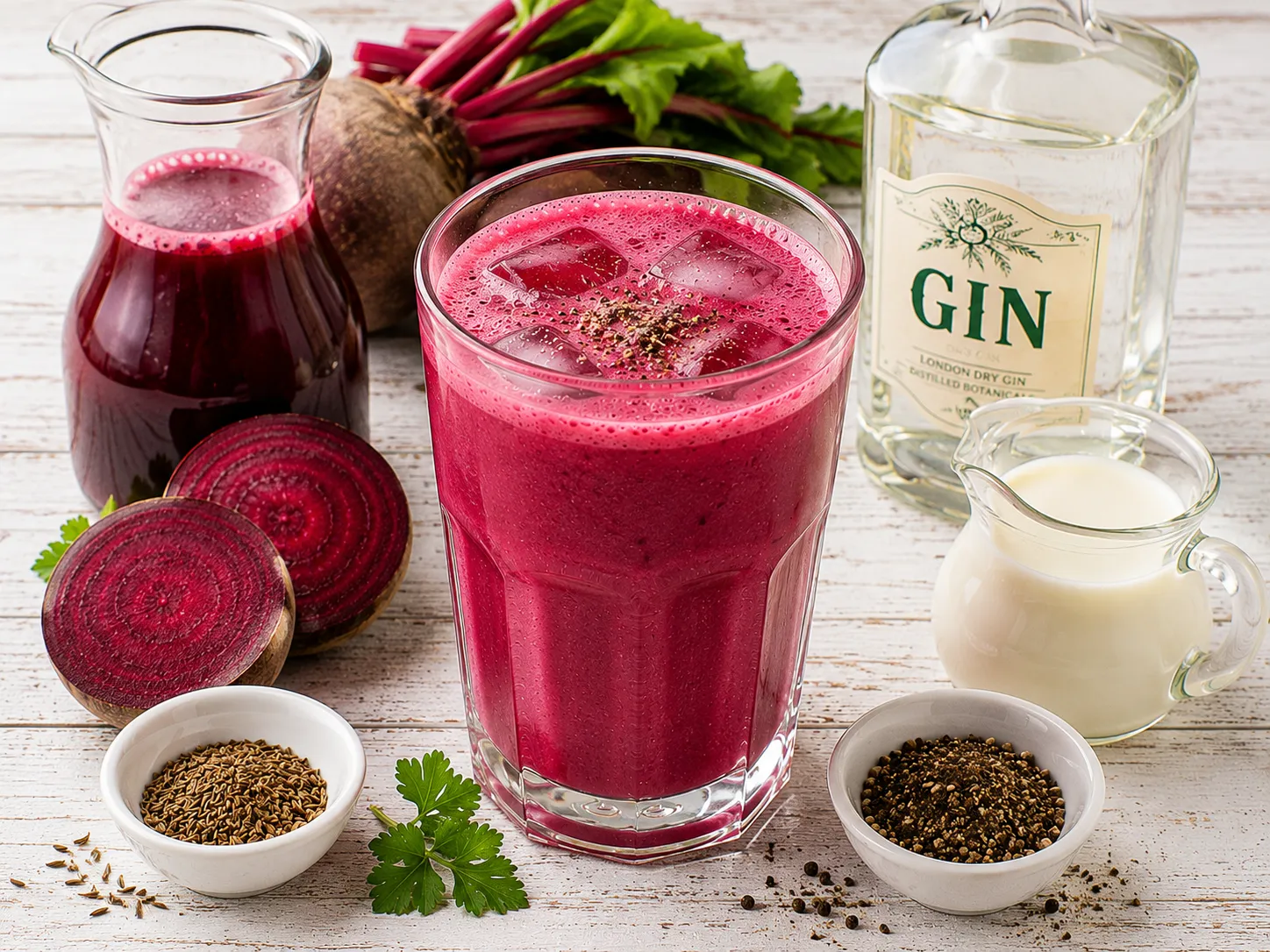 Cremiger Rote-Bete-Drink mit Eiswürfeln und Pfeffer in einem hohen Glas.