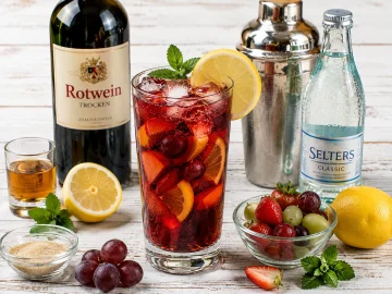 Rotwein-Cooler mit Eiswürfeln, Früchten und Zitronenscheibe in einem hohen Glas.