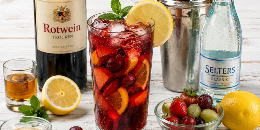 Rotwein-Cooler mit Eiswürfeln, Früchten und Zitronenscheibe in einem hohen Glas.