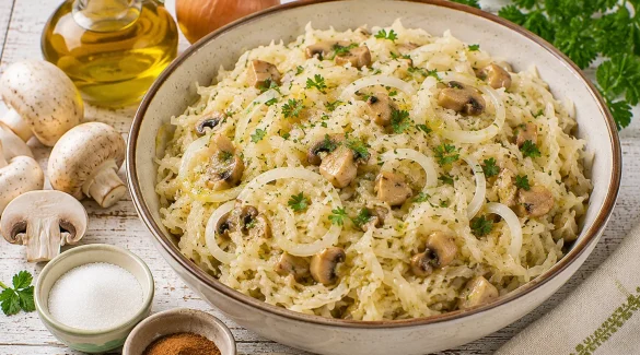 Sauerkrautsalat mit marinierten Pilzen und Petersilie in einer Schüssel.