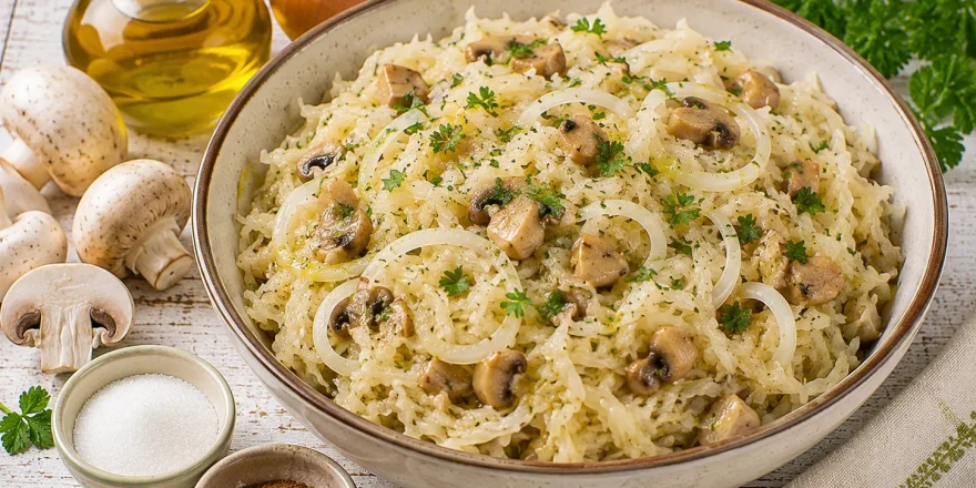 Sauerkrautsalat mit marinierten Pilzen und Petersilie in einer Schüssel.