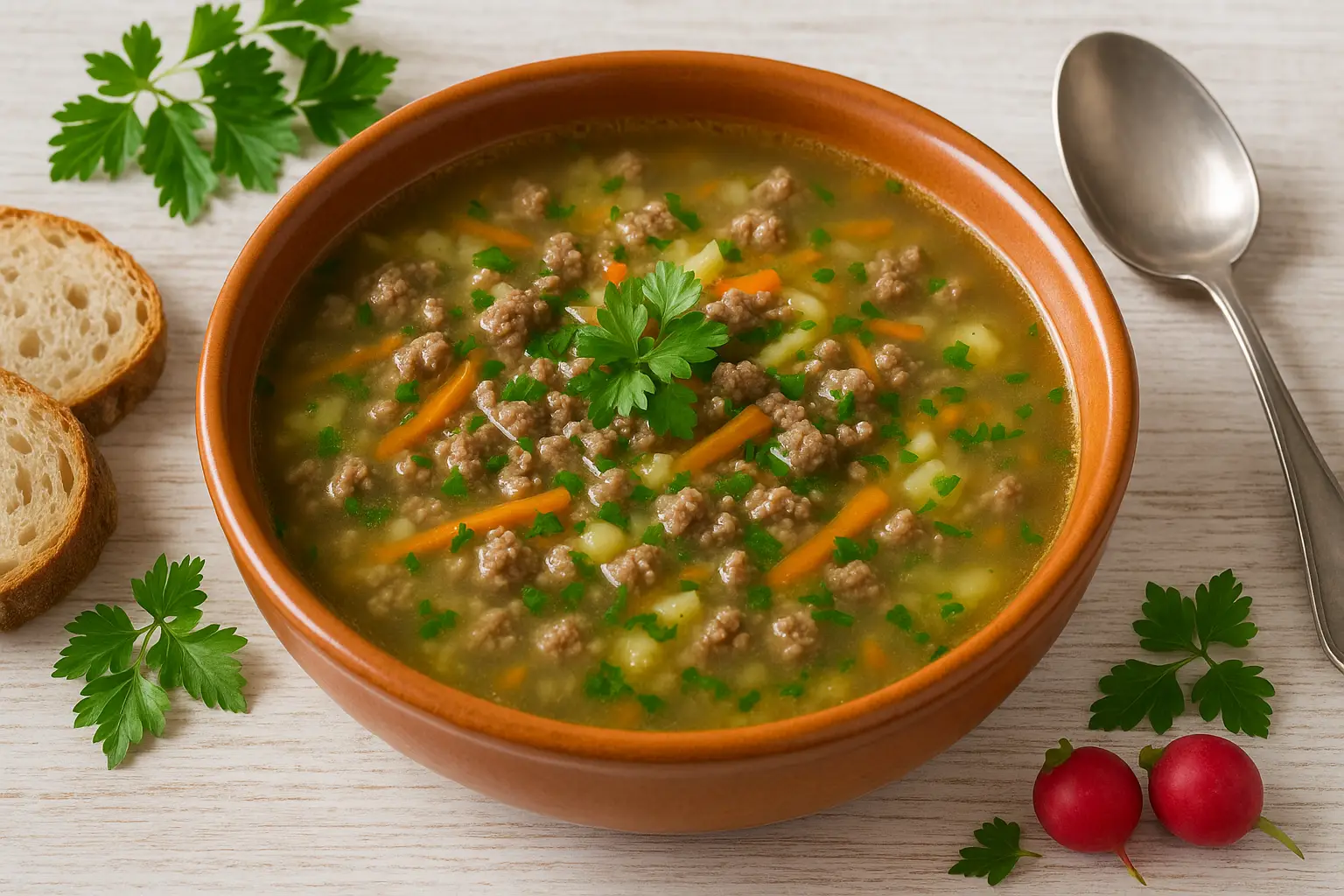 Schnelle Hackfleischsuppe in orangefarbener DDR-Suppenschüssel mit Hackfleisch, Gemüse und Petersilie auf weißem Holztisch, dazu Brot und Besteck.
