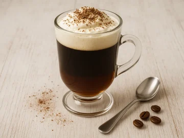 Glas Schottischer Kaffee mit Sahnehaube und Schokoladenspänen auf hellem Holztisch, daneben ein Löffel und Kaffeebohnen.