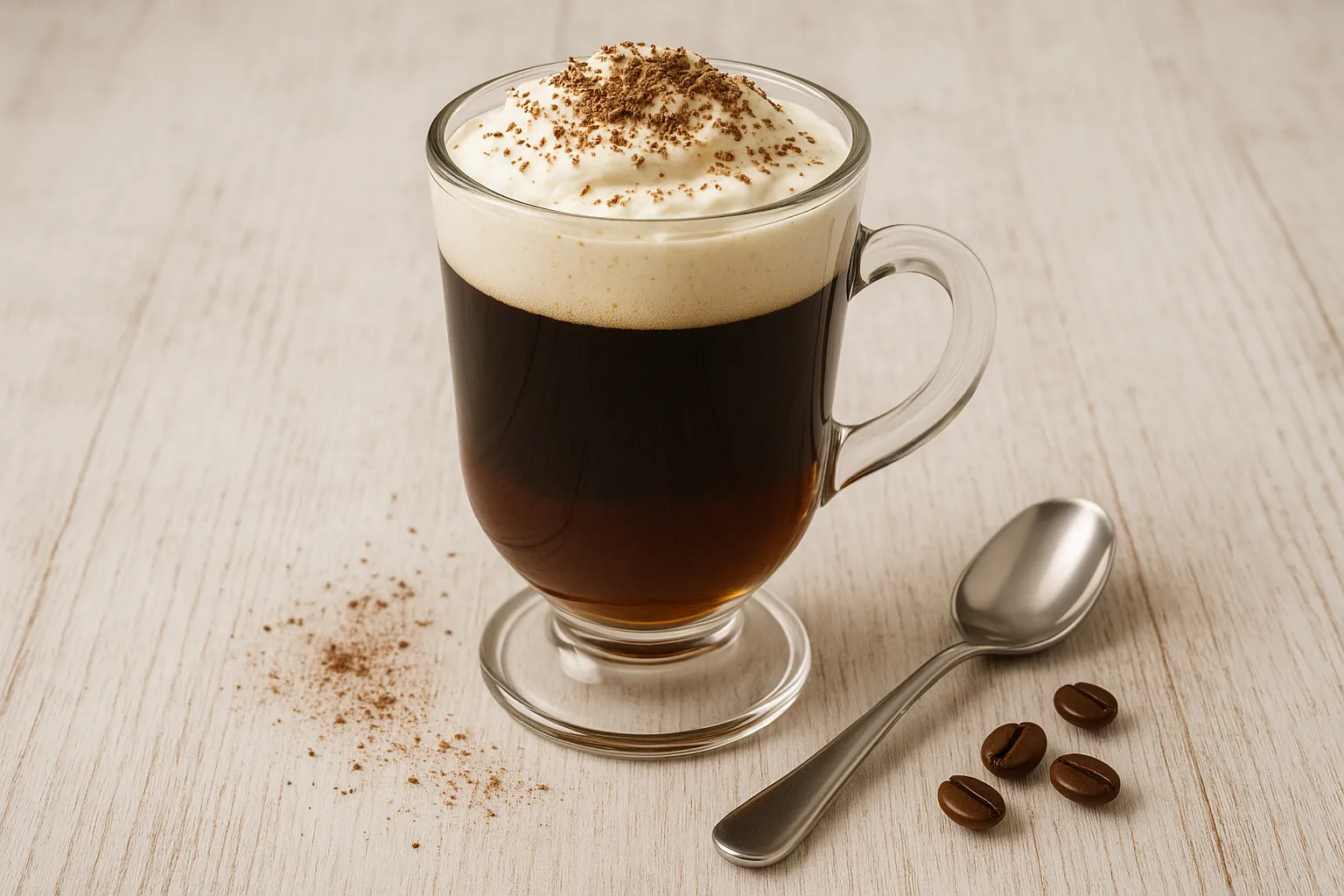 Glas Schottischer Kaffee mit Sahnehaube und Schokoladenspänen auf hellem Holztisch, daneben ein Löffel und Kaffeebohnen.