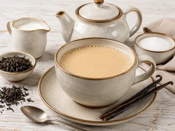 Cremiger Vanille-Milch-Tee in einer großen Tasse mit Vanilleschote.