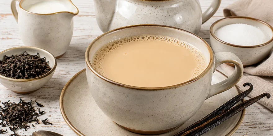Cremiger Vanille-Milch-Tee in einer großen Tasse mit Vanilleschote.