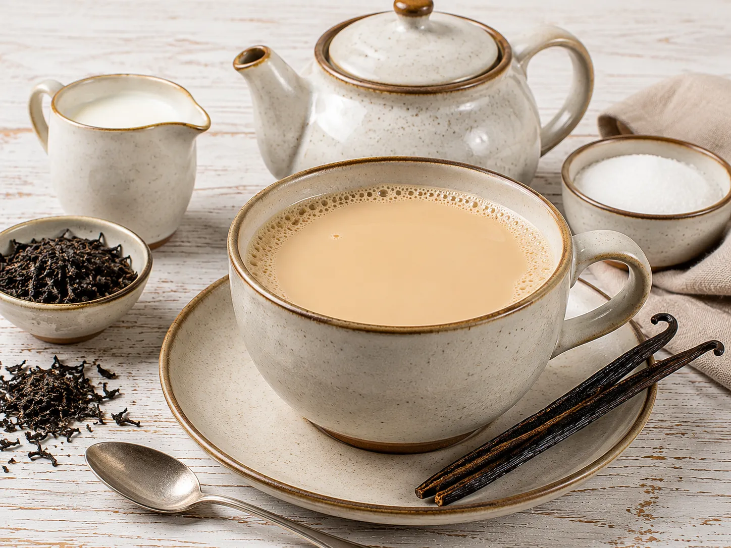 Cremiger Vanille-Milch-Tee in einer großen Tasse mit Vanilleschote.