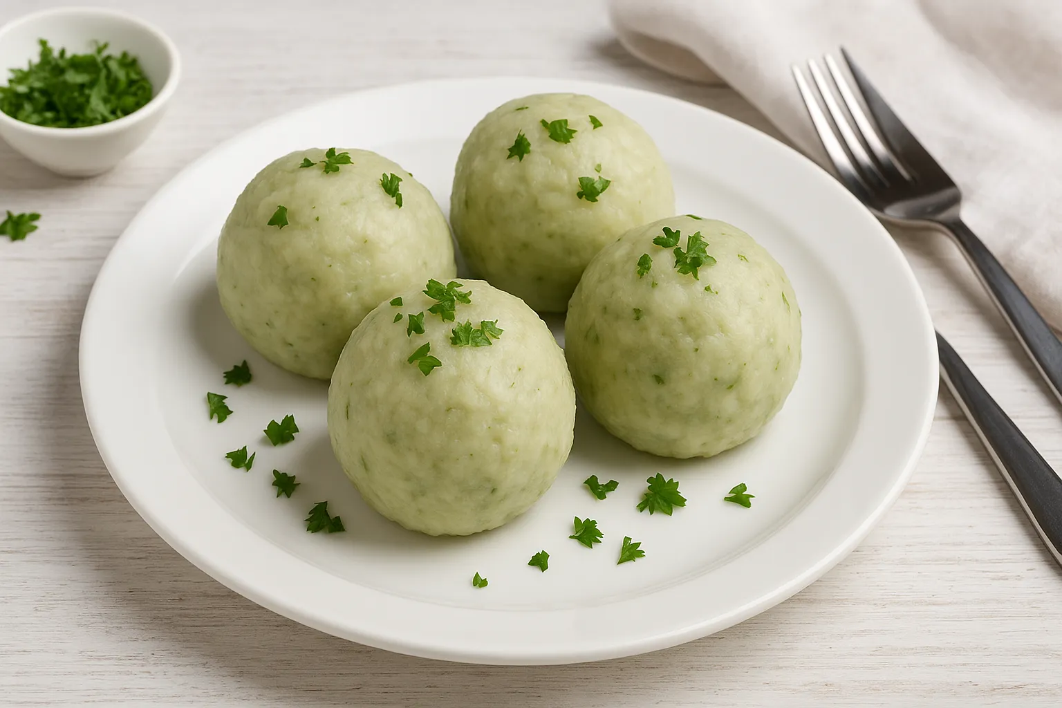 Traditionelle vogtländische grüne Klöße aus Kartoffeln auf weißem Teller mit frischen Kräutern