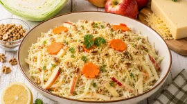 Weißkraut-Apfel-Salat mit Käse, Nüssen und Petersilie in einer flachen Schüssel.