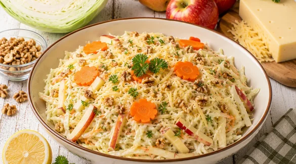 Weißkraut-Apfel-Salat mit Käse, Nüssen und Petersilie in einer flachen Schüssel.