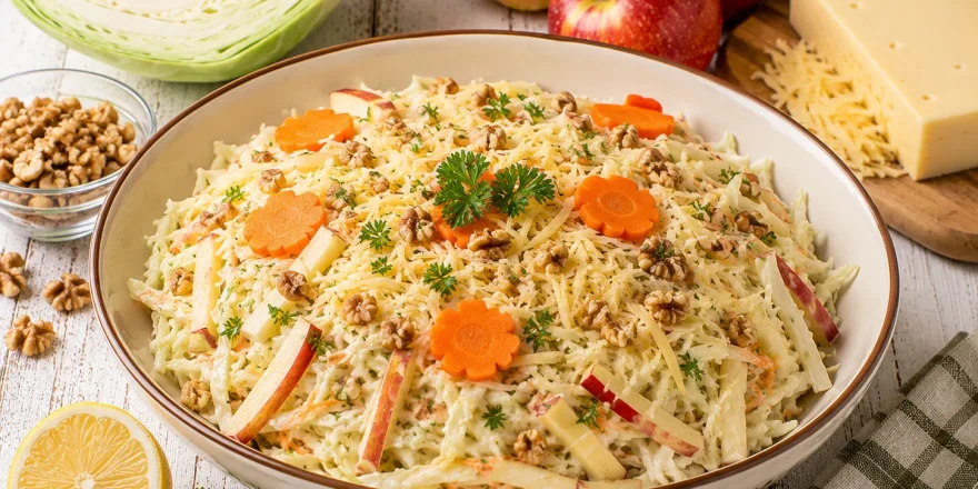 Weißkraut-Apfel-Salat mit Käse, Nüssen und Petersilie in einer flachen Schüssel.
