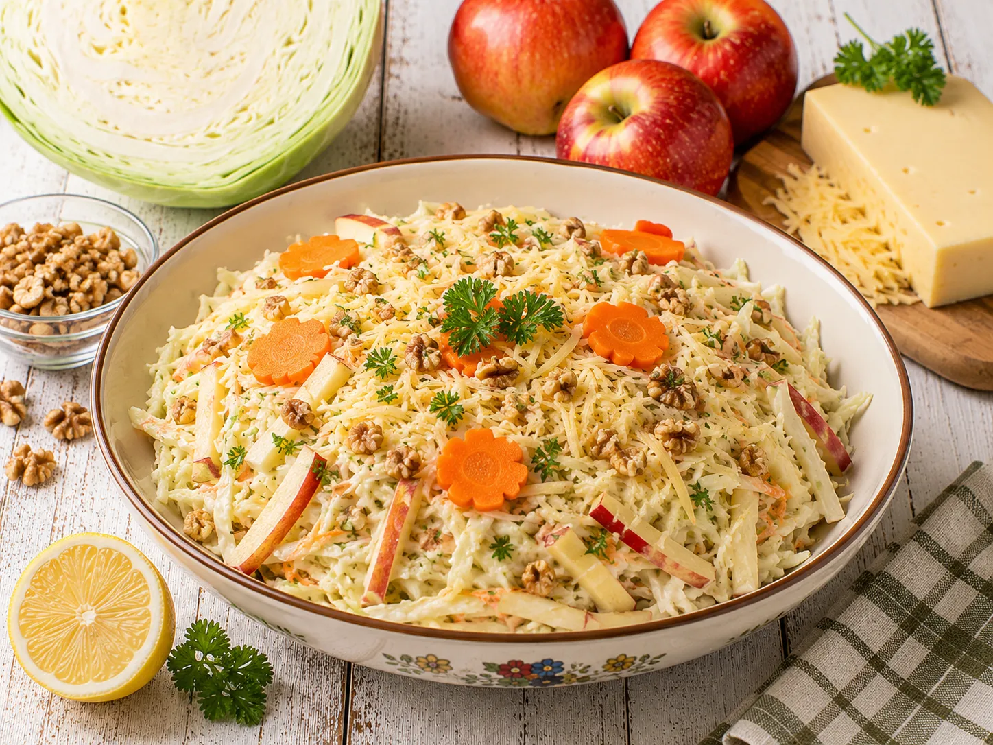 Weißkraut-Apfel-Salat mit Käse, Nüssen und Petersilie in einer flachen Schüssel.