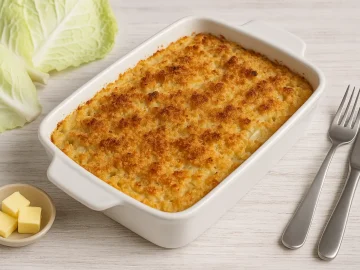 Goldbraun gebackener Weißkrautauflauf in weißer Auflaufform mit frischen Kohlblättern und Butterstücken auf hellem Holztisch.