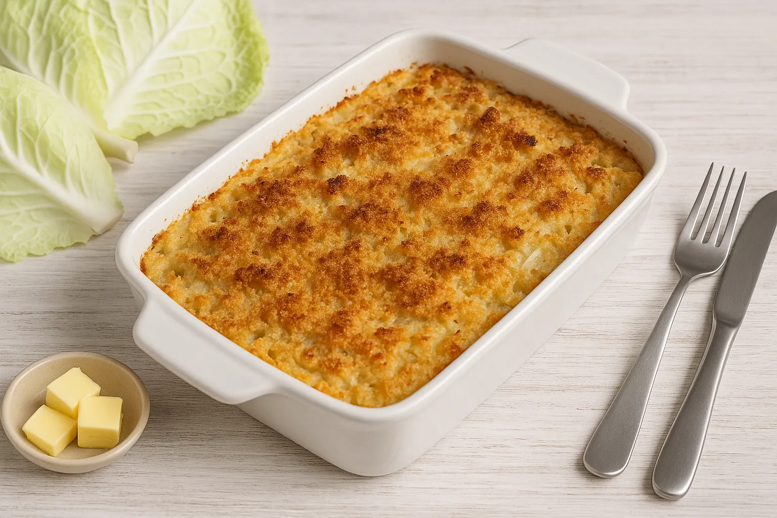 Goldbraun gebackener Weißkrautauflauf in weißer Auflaufform mit frischen Kohlblättern und Butterstücken auf hellem Holztisch.