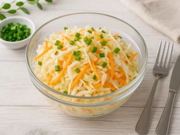 Frischer Weißkrautsalat mit Möhren, Zwiebeln und Lauchzwiebeln in einer Glasschüssel serviert