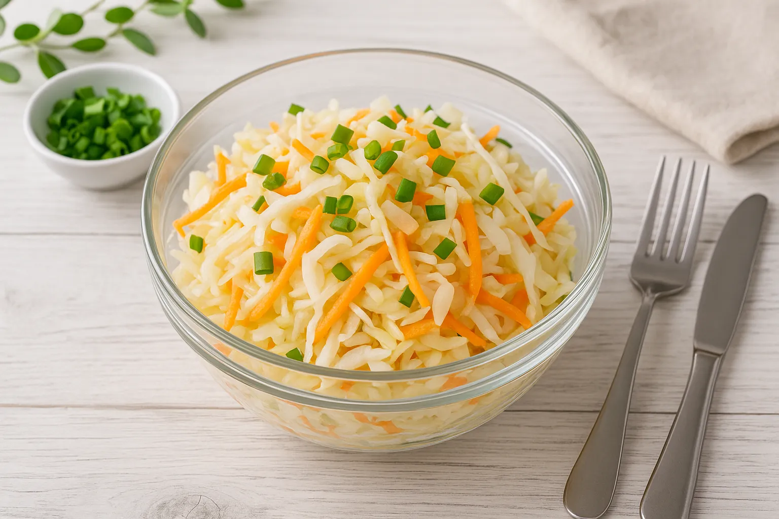 Frischer Weißkrautsalat mit Möhren, Zwiebeln und Lauchzwiebeln in einer Glasschüssel serviert