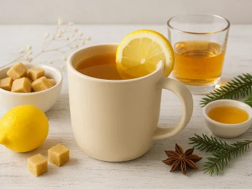 Heiß servierter Whiskypunsch in hellem Becher mit Zitronenscheibe auf weißem Holzhintergrund