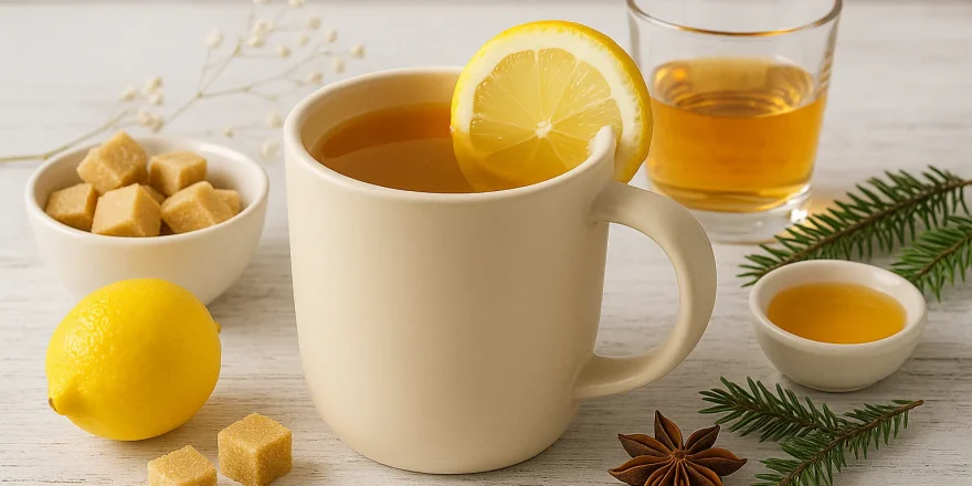 Heiß servierter Whiskypunsch in hellem Becher mit Zitronenscheibe auf weißem Holzhintergrund