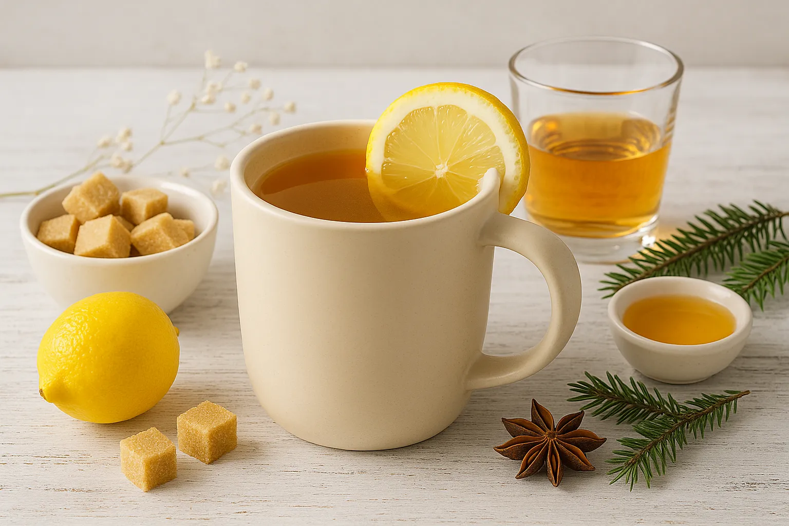 Heiß servierter Whiskypunsch in hellem Becher mit Zitronenscheibe auf weißem Holzhintergrund