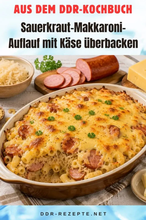 Sauerkraut-Makkaroni-Auflauf mit Käse überbacken