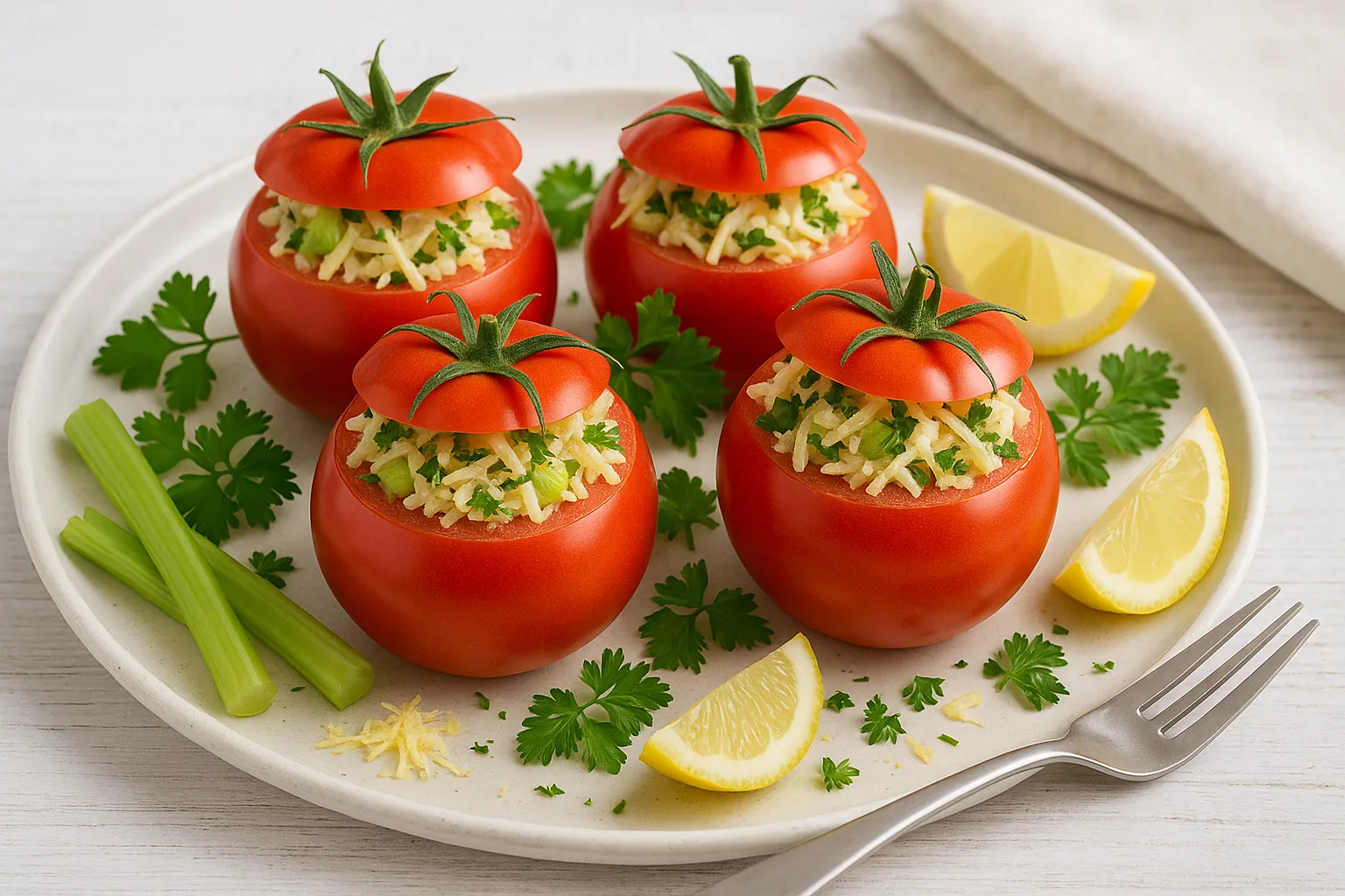 Gefüllte Amsterdamer Tomaten mit Käse, Sellerie und Kräutern auf weißem Teller, dekoriert mit Zitronenschnitzen und frischen Kräutern.