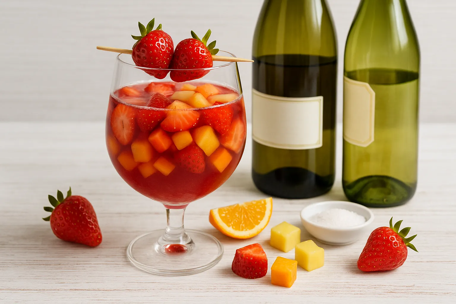 Glas Bowle „Assorti“ mit frischen Früchten, dekoriert und umgeben von Zutaten auf weißem Holzhintergrund.