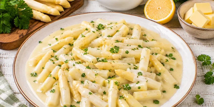 Brechspargel in cremiger heller Soße mit Petersilie auf einem Teller.