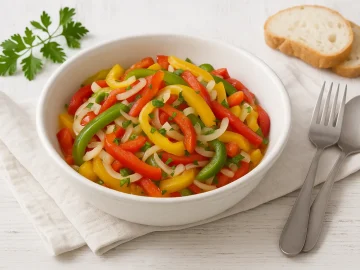 Bunter bulgarischer Paprikasalat mit roten, grünen und gelben Paprikastreifen, angerichtet in einer weißen Schale auf weißem Holztisch, daneben Salatbesteck und frische Kräuter.