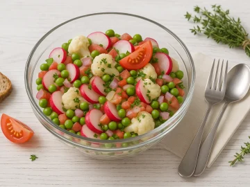 Glasschüssel mit buntem Blumenkohlsalat aus Blumenkohlröschen, Radieschen, Erbsen, Zwiebeln und Tomatenvierteln auf weißem Holzhintergrund.