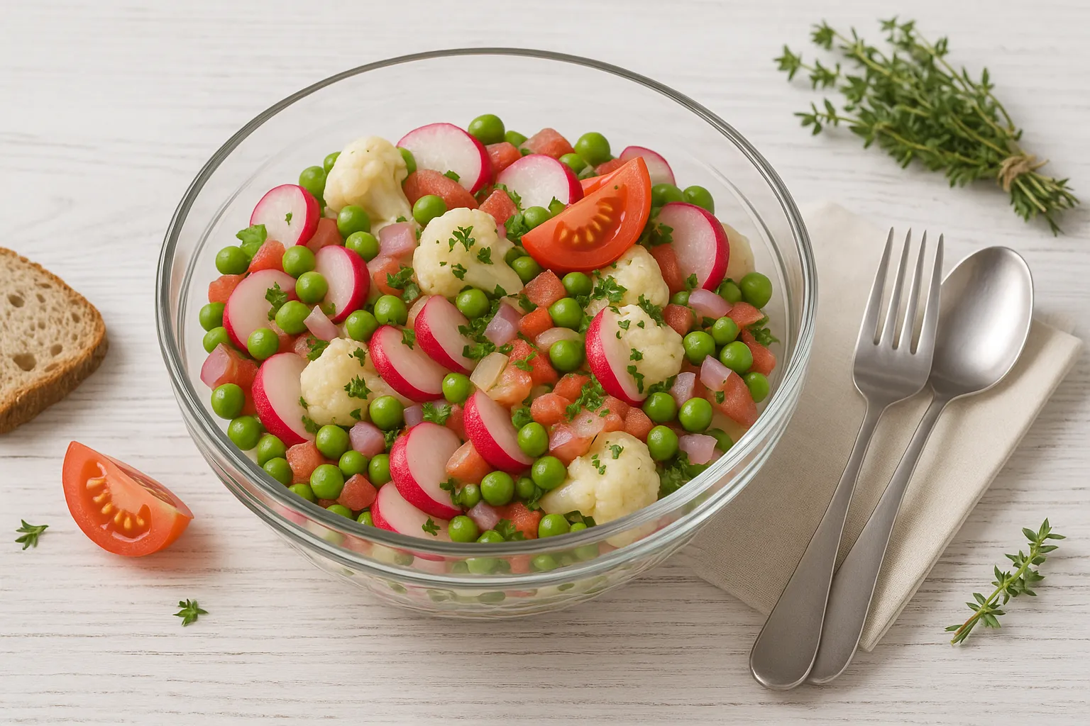 Glasschüssel mit buntem Blumenkohlsalat aus Blumenkohlröschen, Radieschen, Erbsen, Zwiebeln und Tomatenvierteln auf weißem Holzhintergrund.