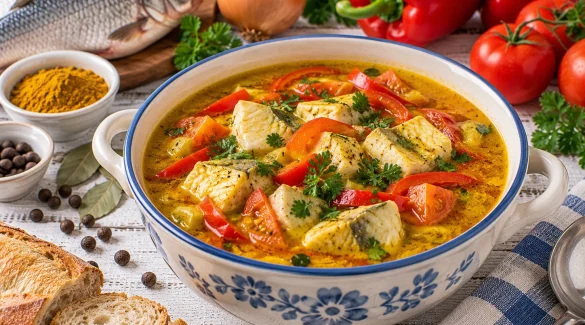 Curry-Fischsuppe mit Fischstücken, Paprika und Tomaten in einer Suppenschüssel.