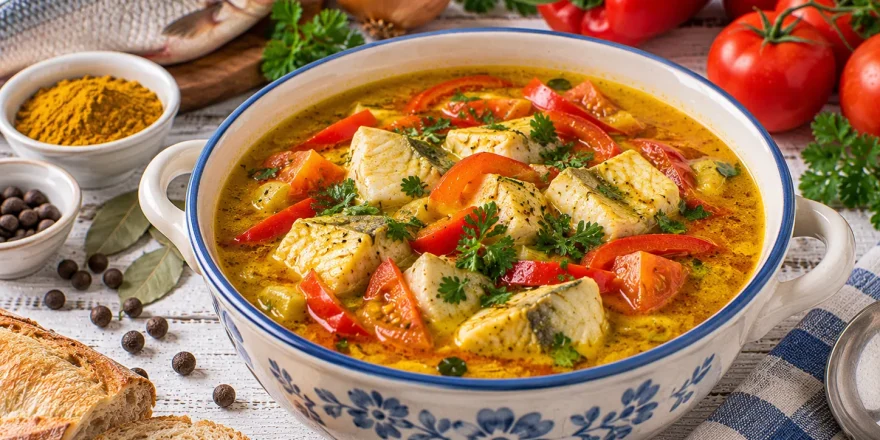 Curry-Fischsuppe mit Fischstücken, Paprika und Tomaten in einer Suppenschüssel.
