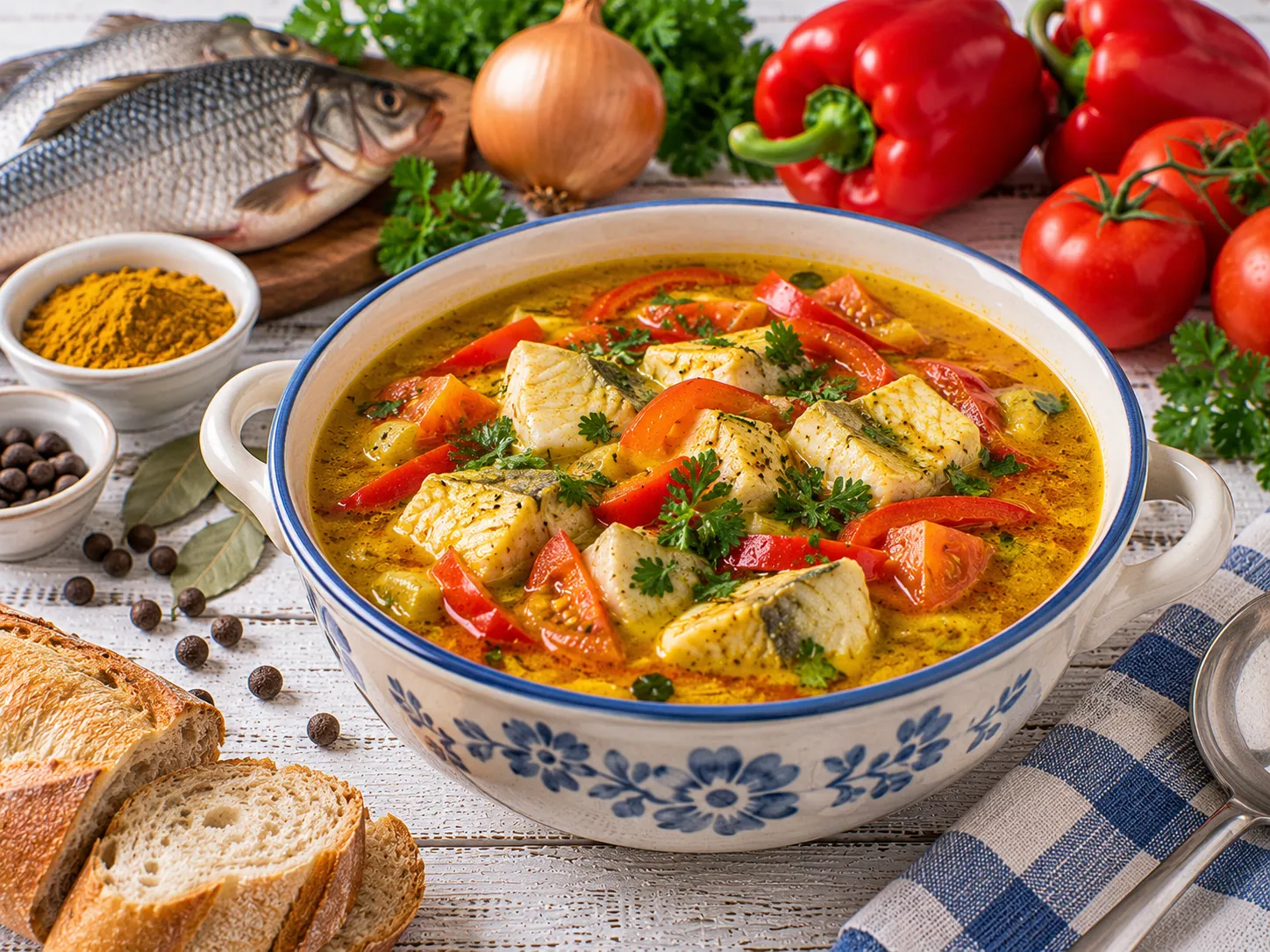 Curry-Fischsuppe mit Fischstücken, Paprika und Tomaten in einer Suppenschüssel.