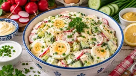 Eiersalat mit Radieschen, Gurke und cremigem Dressing.