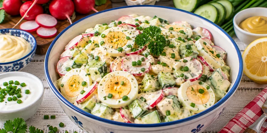 Eiersalat mit Radieschen, Gurke und cremigem Dressing.
