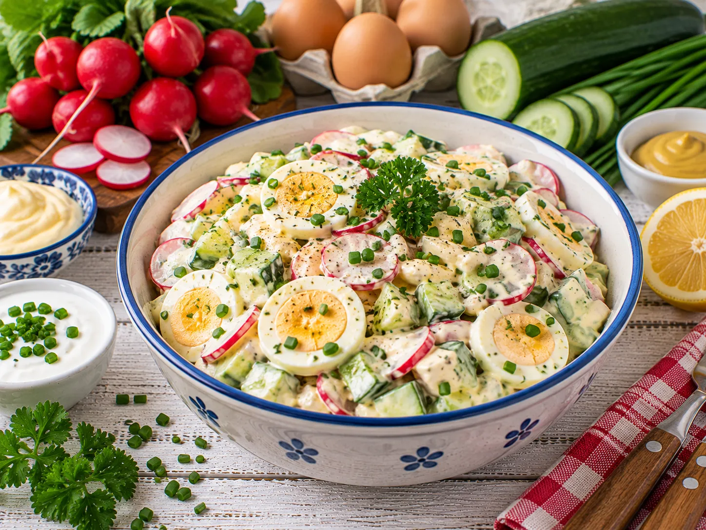 Eiersalat mit Radieschen, Gurke und cremigem Dressing.