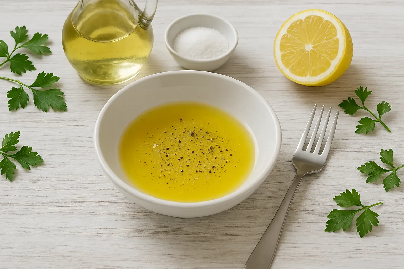Weiße Schale mit Öl-Essig-Soße, dekoriert mit Pfeffer, daneben Zitrone, Ölflasche und Petersilie auf weißem Holzhintergrund.