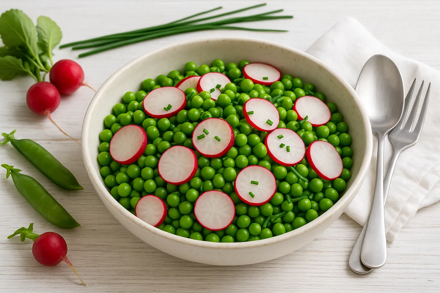 Erbsen-Radieschen-Salat, angerichtet in einer weißen Schüssel auf weißem Holzhintergrund, dekoriert mit frischen Radieschen und Schnittlauch.