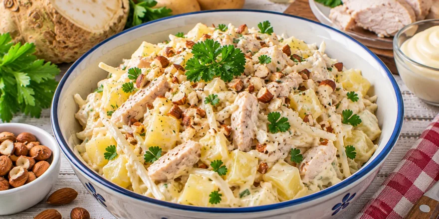 Cremiger Farmersalat mit Geflügel, Sellerie und Kartoffeln.