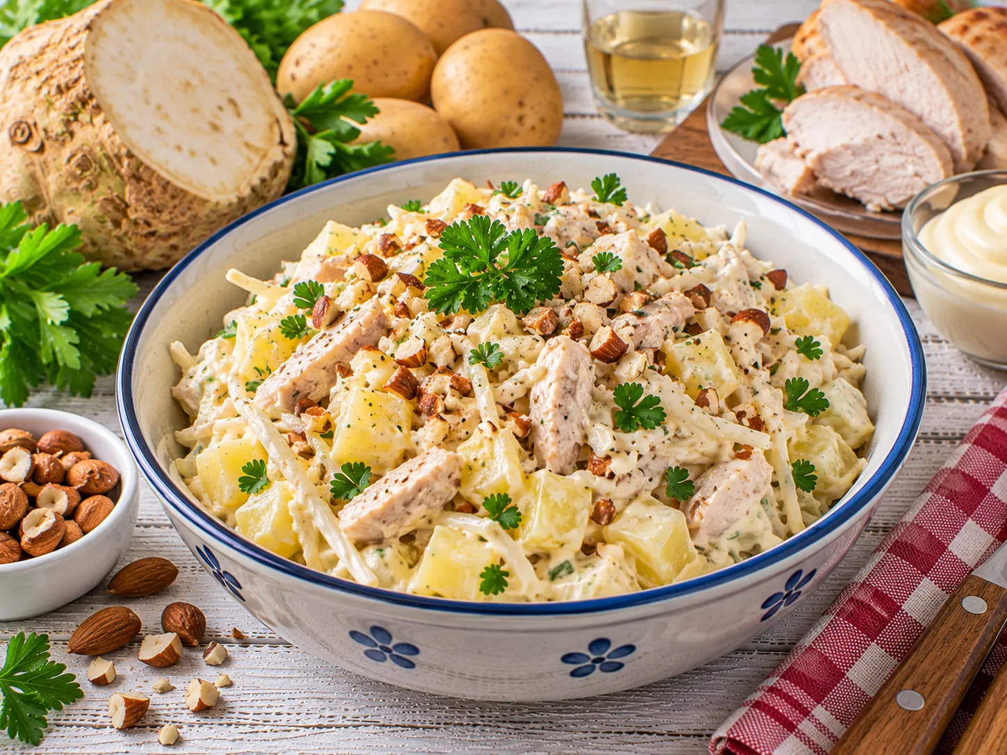 Cremiger Farmersalat mit Geflügel, Sellerie und Kartoffeln.
