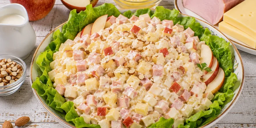 Fruchtiger Festtagssalat mit Äpfeln, Schinken, Käse und Ananas auf Kopfsalat.