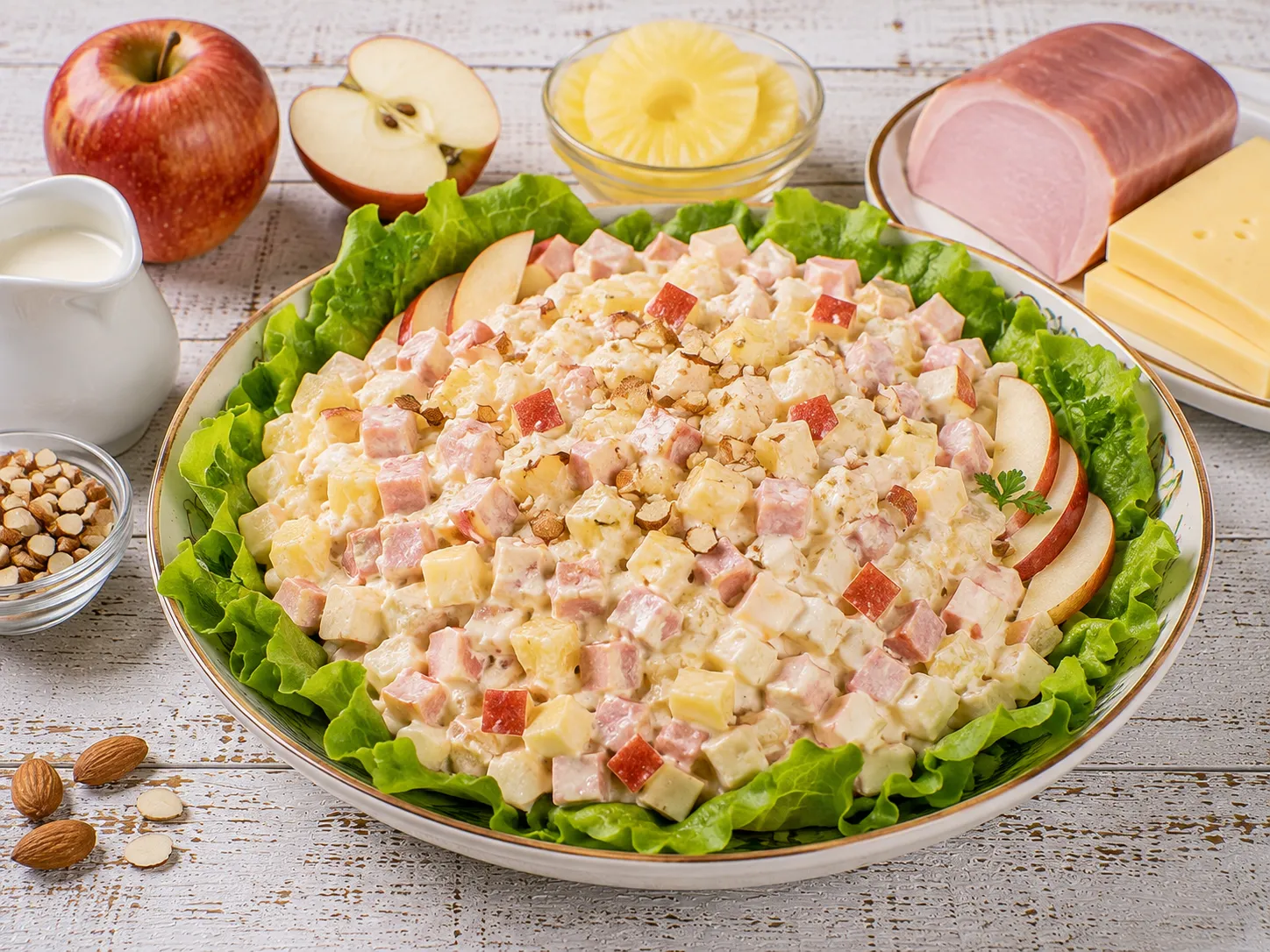 Fruchtiger Festtagssalat mit Äpfeln, Schinken, Käse und Ananas auf Kopfsalat.