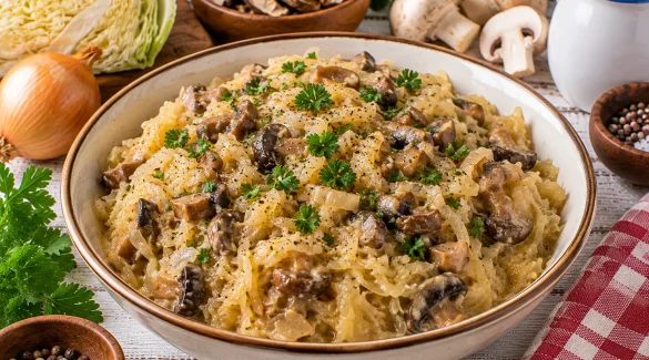 Gedünstetes Sauerkraut mit Pilzen in cremiger Soße.