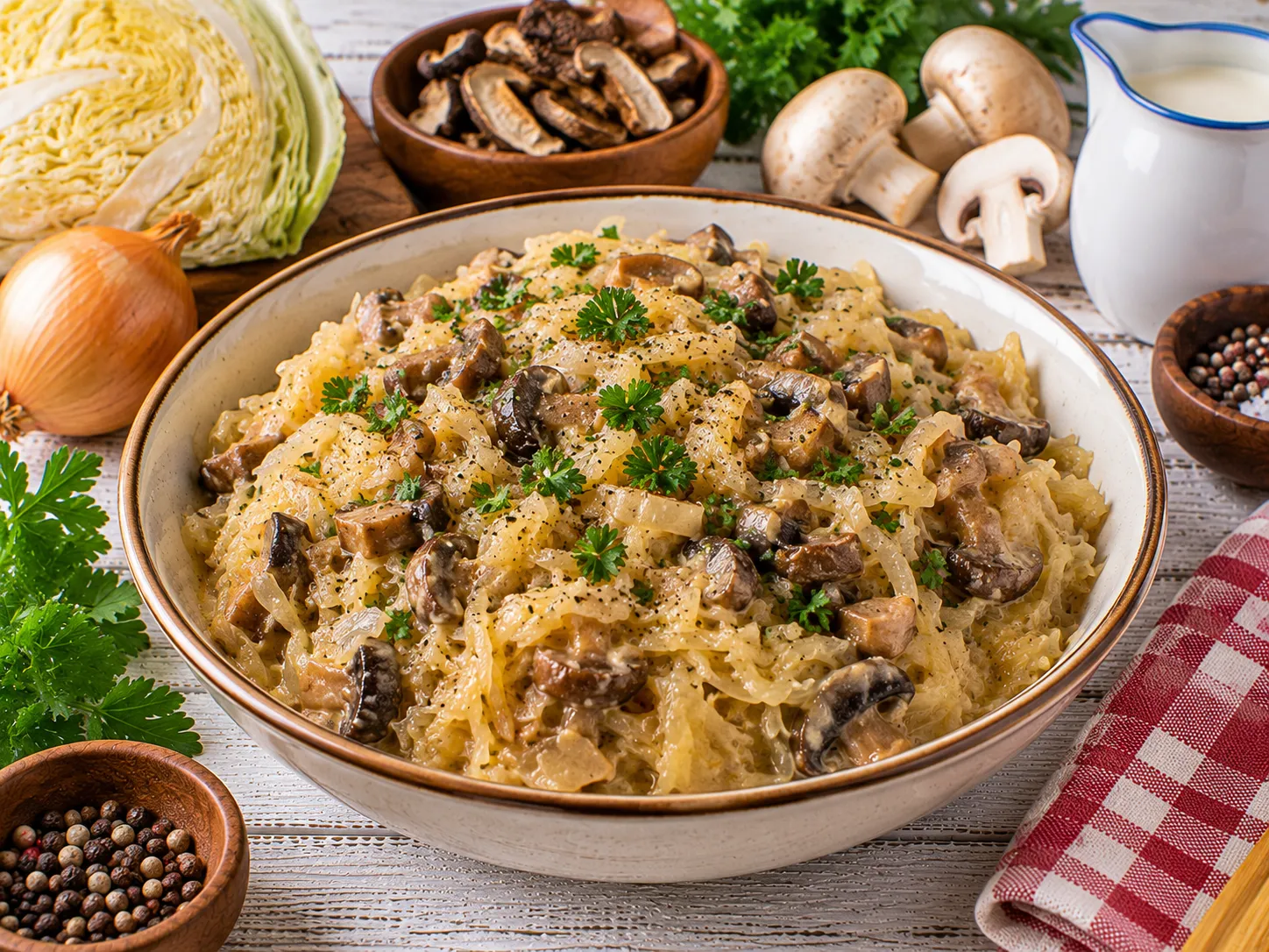 Gedünstetes Sauerkraut mit Pilzen in cremiger Soße.
