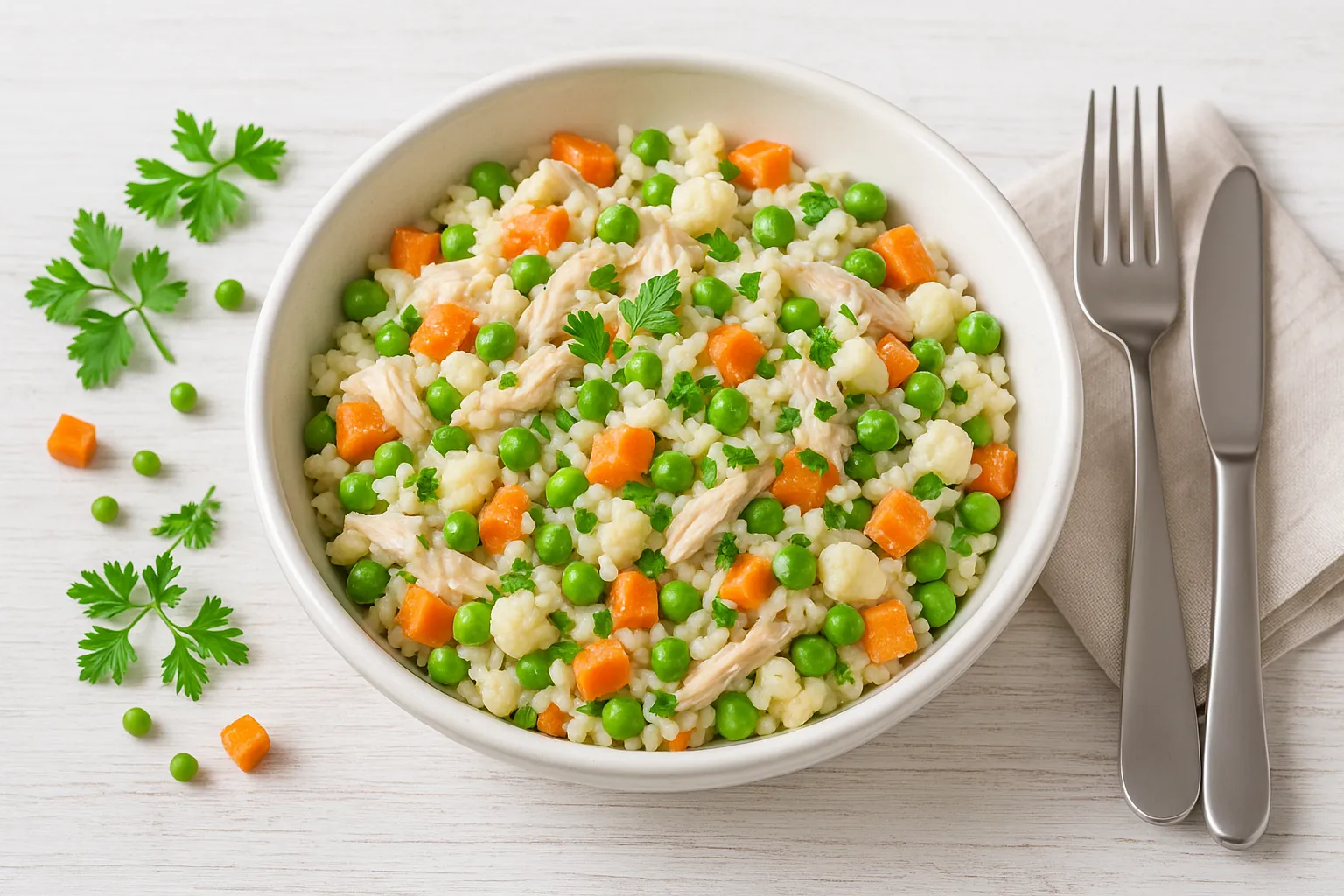 Geflügel-Reis-Salat in einer weißen DDR-Salatschüssel, bunt gemischt mit Möhren, Erbsen, Blumenkohl und frischen Kräutern, umgeben von heller Deko auf weißem Holzhintergrund.