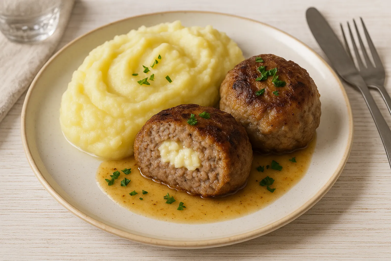 Saftige gefüllte Buletten mit Meerrettich, serviert mit cremigem Kartoffelbrei auf weißem Teller