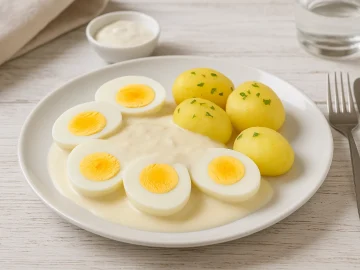 Halbierte gekochte Eier mit cremiger Meerrettichsoße, serviert auf weißem Teller mit heller Tischdekoration