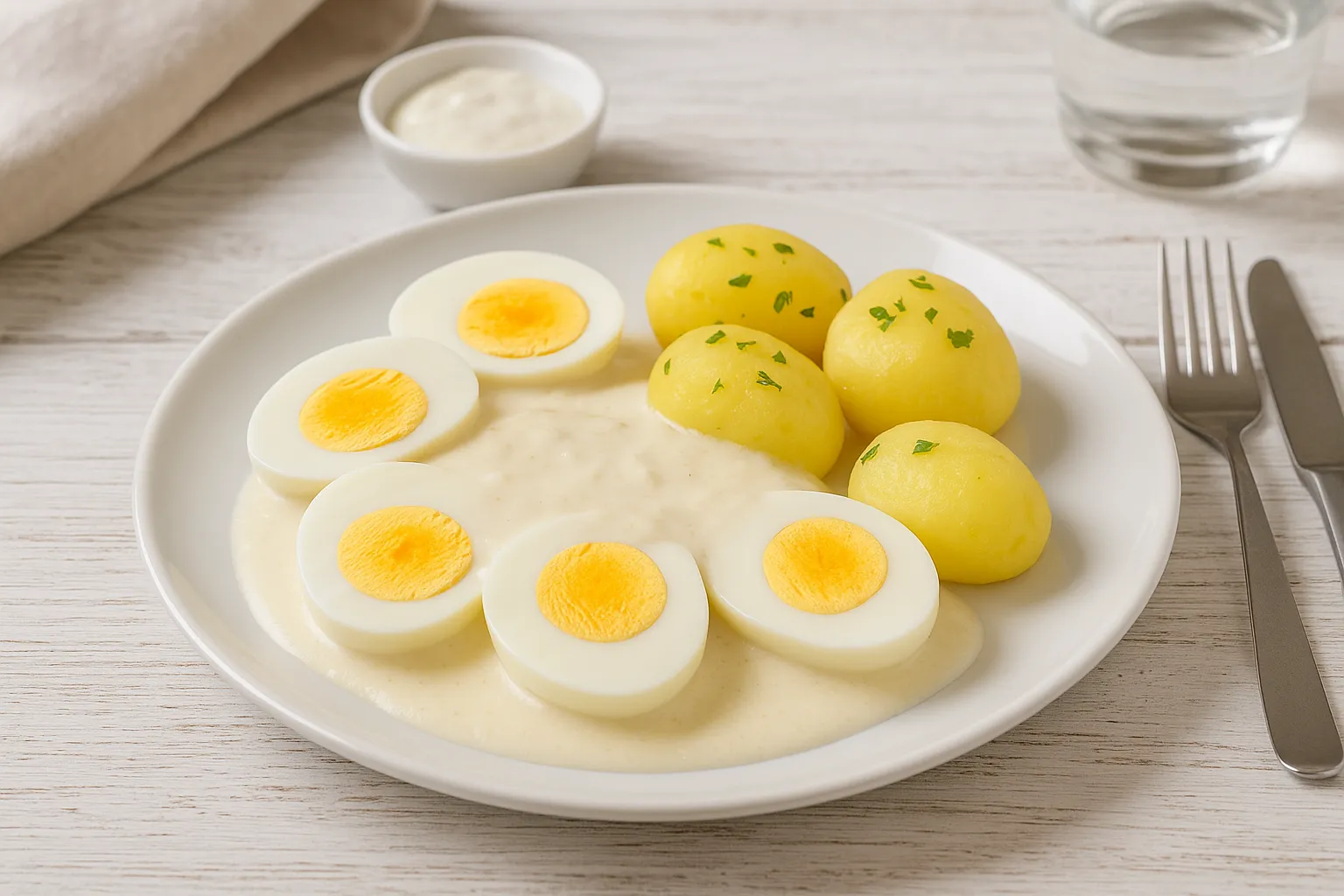 Halbierte gekochte Eier mit cremiger Meerrettichsoße, serviert auf weißem Teller mit heller Tischdekoration
